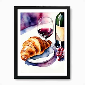 Croissant and Wine watercolor painting 7 Art Print