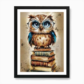 Owl On Books Art Print