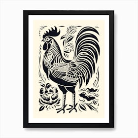 B&W Bird Linocut Rooster 3 Art Print