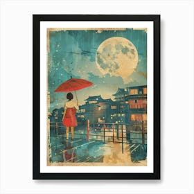 Osaka Girl In The Rain Mid Century Modern Art Print