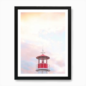 New York, USA I Coney Island lighthouse pink sky from sunset sky to candy pink pastel aesthetic coastal photography red in color on the beach of the east coast of USA for a seaside coastal home Art Print