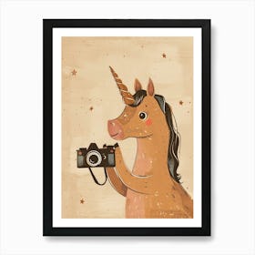 Unicorn Taking A Photo On An Analogue Camera Beige Watercolour Art Print