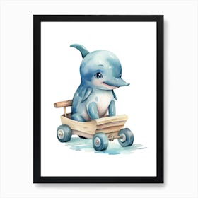 Baby Dolphin On Toy Car, Watercolour Nursery 2 Art Print