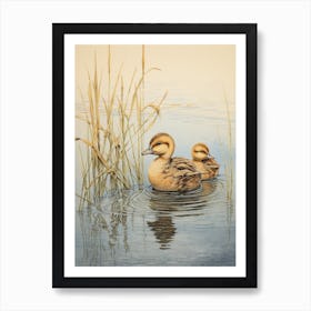 Pair Of Ducklings In The Water Japanese Woodblock Style 2 Art Print