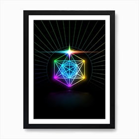 Neon Geometric Glyph in Candy Blue and Pink with Rainbow Sparkle on Black n.0337 Art Print