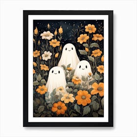 Cute Bedsheet Ghost, Botanical Halloween Watercolour 20 Art Print