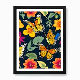 Seamless Pattern With Butterflies And Flowers Art Print