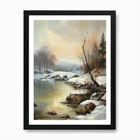 Ancient landscapes, old winter oil paintings and rocks around the lake bank. Snow is falling on the lake, old colors.16 1 Art Print