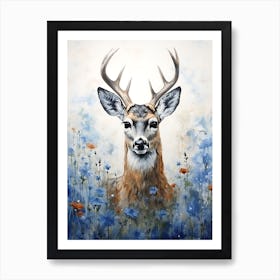 Deer In Blue Flowers Art Print