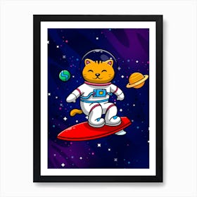 Cat Astronaut surfer, space surf cat, space surfer — space poster, synthwave space, neon space, aesthetic poster Art Print