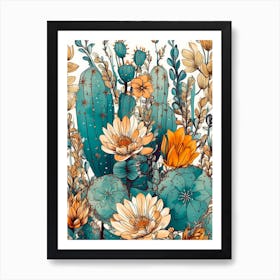 Cactus And Flowers Seamless Pattern nature flora Art Print