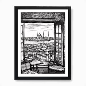 A Window View Of Istanbul In The Style Of Black And White  Line Art 2 Art Print