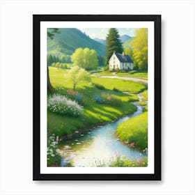 Cottagecore Lush Green Landscape with Flowers Art Print