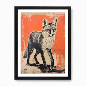 Gray Fox, Woodblock Animal Drawing 1 Art Print