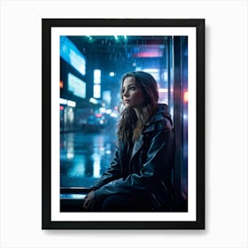 Pensive Woman Seated At A Rainy Bus Shelter Neon Lights Casting A Glow On Her Face Water Droplets Art Print