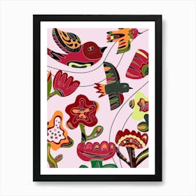 stylized birds and flowers folk art motifs 4 Art Print