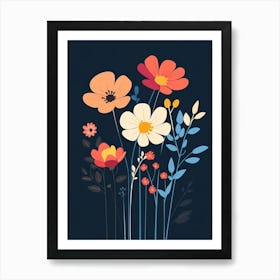 Minimalist illustration of colorful flowers on a dark blue background 18 Art Print