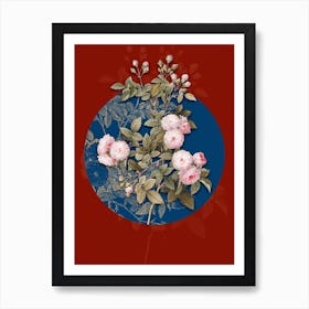 Vintage Botanical Pink Baby Roses on Circle Blue on Red n.0256 Art Print