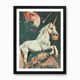 Unicorn In Space Eating A Cheeseburger Retro Art Print