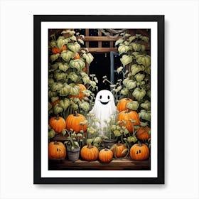 Cute Bedsheet Ghost, Botanical Halloween Watercolour 142 Art Print