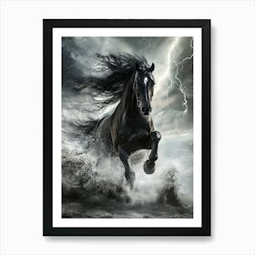 Black Stallion Galloping Through A Storm Art Print