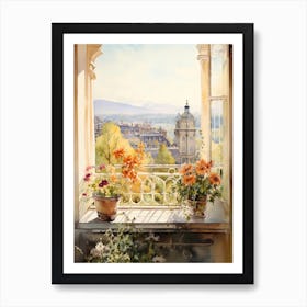 Window View Of Geneva Switzerland In Autumn Fall, Watercolour 2 Art Print