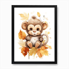 A Monkey Watercolour In Autumn Colours 2 Art Print