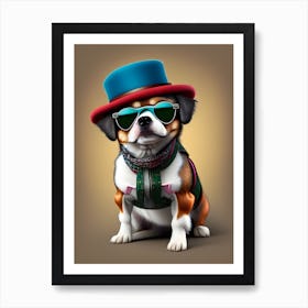 Portrait Of A Small Dog Wearing A Hat And Sungla Art Print