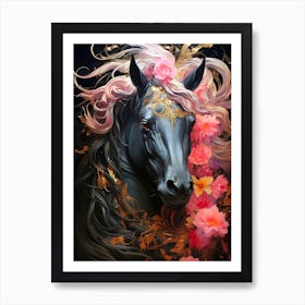 Black Horse With Flowers Art Print