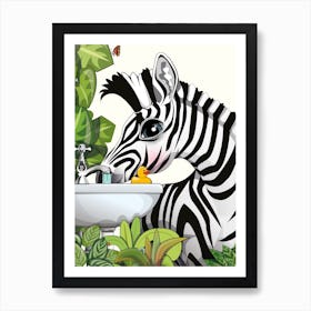 Zebra Drinking From Bathroom Sink Art Print