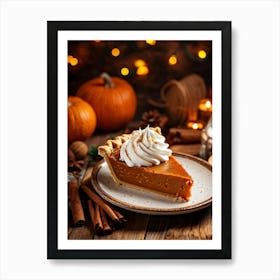 Close Up Top View Of Pumpkin Pie Slice Topped With Whipped Cream Resting On A Wooden Table Surroun (1) Art Print