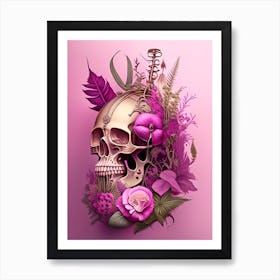 Skull With Steampunk Details 3 Pink Botanical Art Print