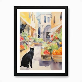 Food Market With Cats In Rome 4 Watercolour Art Print