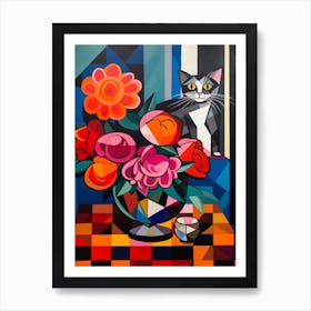 Peony With A Cat 2 Cubism Picasso Style Art Print