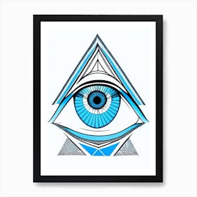Geometric Eye, Symbol, Third Eye Blue & White 2 Art Print