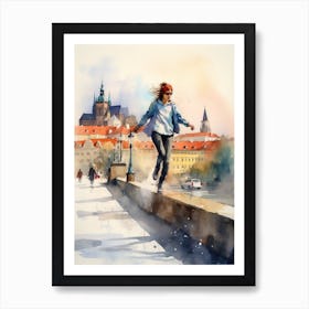 Girl Skateboarding In Prague, Czech Republic Watercolour 2 Art Print