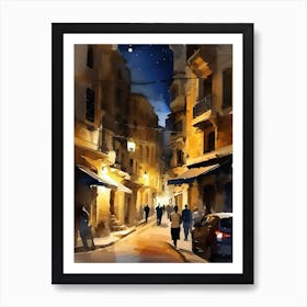 Watercolor Of An Old City Street At Night Art Print