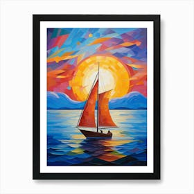 Sailing Boat at Sunset IV, Vibrant Colorful Painting in Cubism Picasso Style Art Print