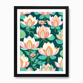 Lotus Flower Repeat Pattern Scandi Cartoon 4 Art Print