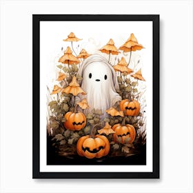 Cute Bedsheet Ghost, Botanical Halloween Watercolour 49 Art Print