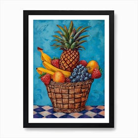 Tropical Fruit Basket Blue Checkerboard 4 Art Print