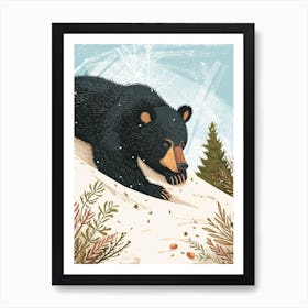 American Black Bear Cub Sliding Down A Snowy Hill Storybook Illustration 4 Art Print