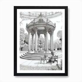 Drawing Of A Dog In Parque Del Retiro Gardens, Spain In The Style Of Black And White Colouring Pages Line Art 02 Art Print