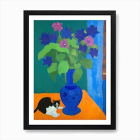 A Painting Of A Still Life Of A Delphinium With A Cat In The Style Of Matisse 1 Art Print