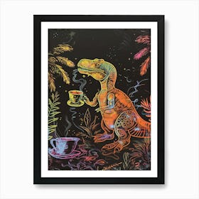 Neon Yellow Dinosaur Drinking Tea Art Print