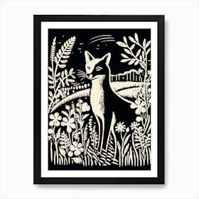 Fox In The Forest Linocut Illustration 11  Art Print