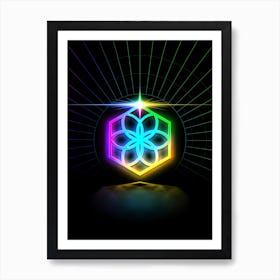 Neon Geometric Glyph in Candy Blue and Pink with Rainbow Sparkle on Black n.0424 Art Print