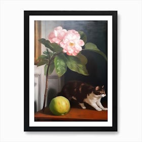 Painting Of A Still Life Of A Apple Blossom With A Cat, Realism 3 Art Print