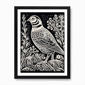 B&W Bird Linocut Partridge 2 Art Print