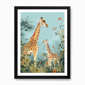 Mother Giraffe & Calf Colourful Illustration 1 Art Print